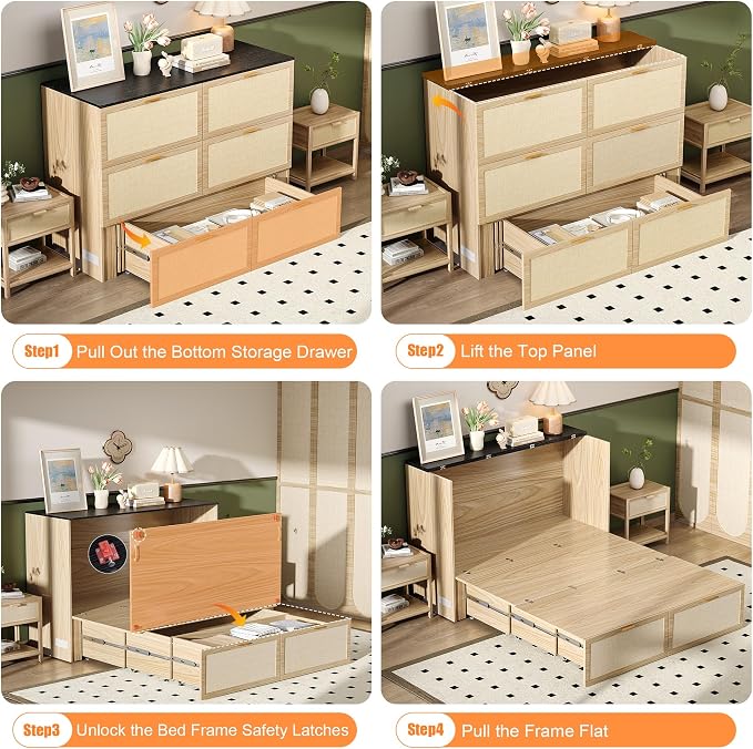VINGLI Queen Size Rattan Murphy Bed - Image 8
