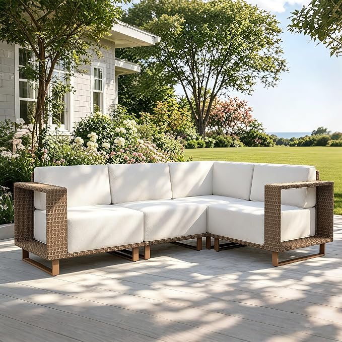MIXPATIO Patio Sectional Furniture Set, 4 Piece Outdoor Yellow Rattan Modular by MIXPATIO