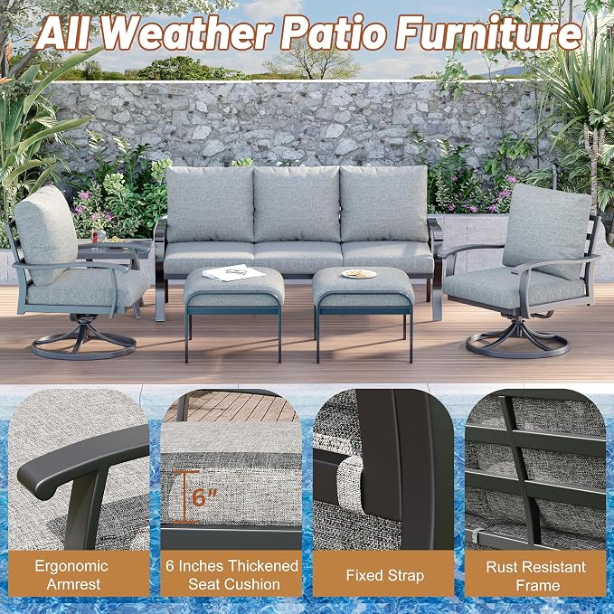 HOMREST Patio Furniture Sets 6 PCS Outdoor Metal Conversation Sets, 360 Degree - Image 5