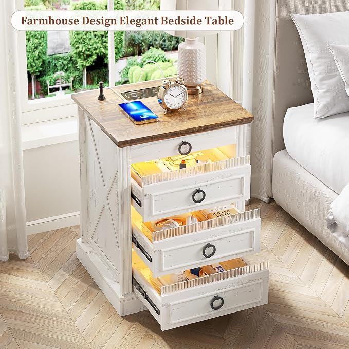 Farmhouse Night Stand with Gun Drawer, Bedside Table with Charger Station - Image 6