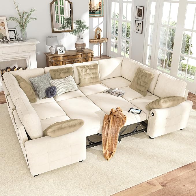 Hanherry Sectional Couch with Pull Out Sofa Bed, Chenille Sleeper Sofa with 2 by Hanherry