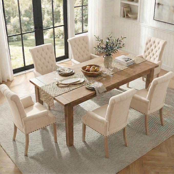 Modern Backrest Cushioned Dining Chair, Button Decorated Armrest Linen Chair - Image 3
