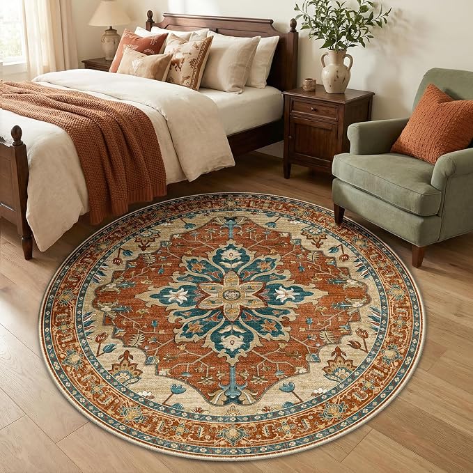 RELEANY Area Rugs Round 5ft Washable Non-Slip, Floral Vintage Distress Print by RELEANY