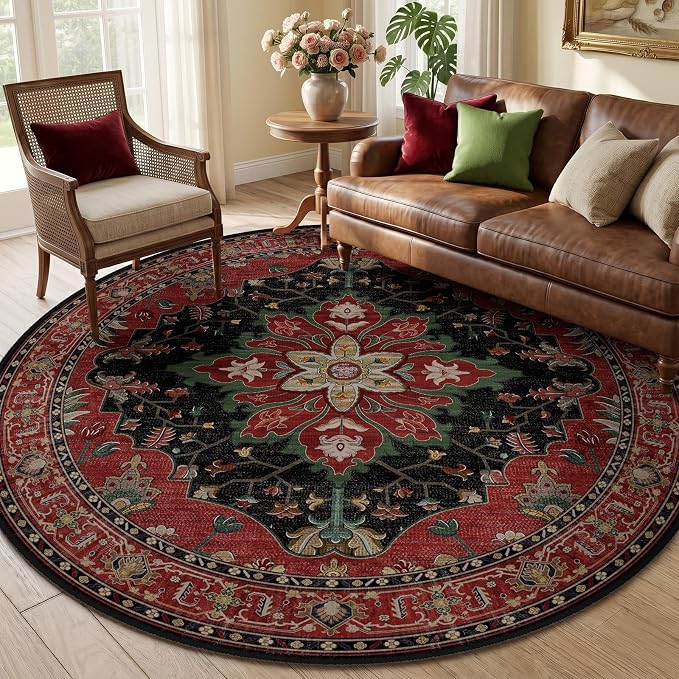 RELEANY Area Rugs Round 6ft Washable Non-Slip, Floral Vintage Distress Print by RELEANY