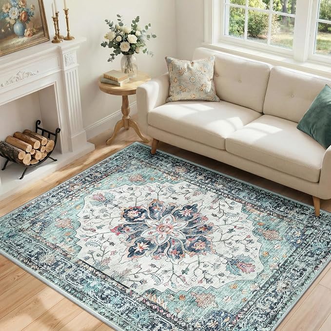 RELEANY Area Rugs 4'x5' Washable Non-Slip, Floral Vintage Distress Print by RELEANY