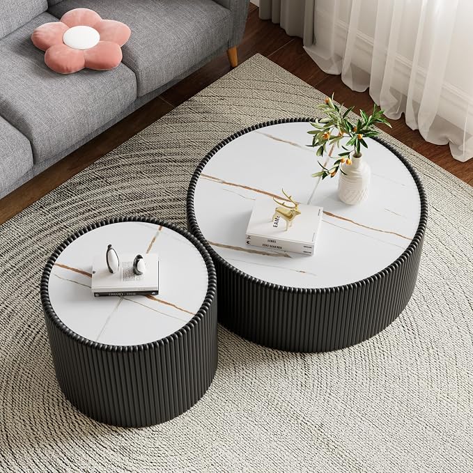 SSLine Round Drum Coffee Table Set of 2 Modern Sintered Stone Top Nesting - Image 4