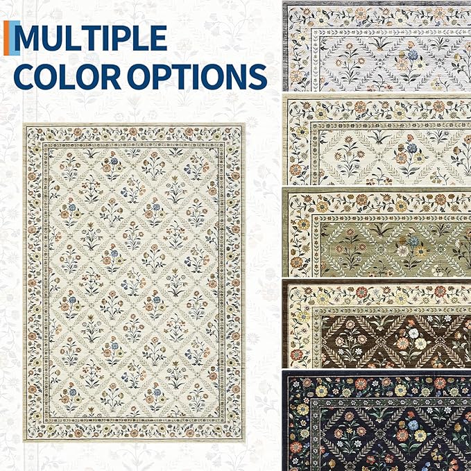 Floral Washable Entryway Rug Non-Slip 2x3 Front Door Mat Vintage Low-Pile Small - Image 9