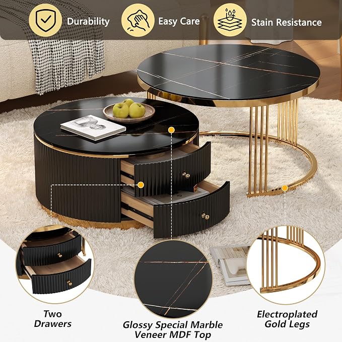 Modern 2 Pieces Black Round Nesting Coffee Table - Image 6