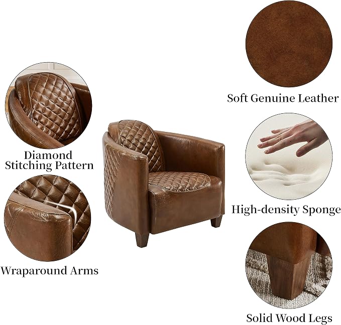 Art Leon Genuine Leather Chair, Mid Century Industrial Accent Arm Chair - Image 4