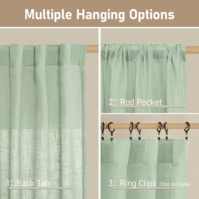 LAMIT Fresh Green Linen Boho Curtains 68 inch Length 2 Panels, Light Filtering - Image 3