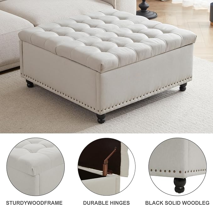 Tbfit Large Square Storage Ottoman Bench, Tufted Upholstered Coffee Table - Image 8