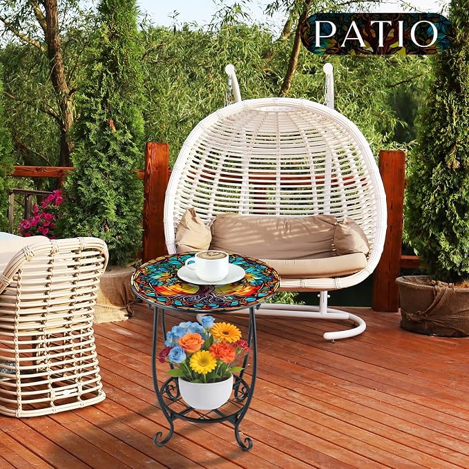 Cinnvoice Outdoor Side Table Round Small Mosaic Patio Accent Indoor End Plant - Image 6