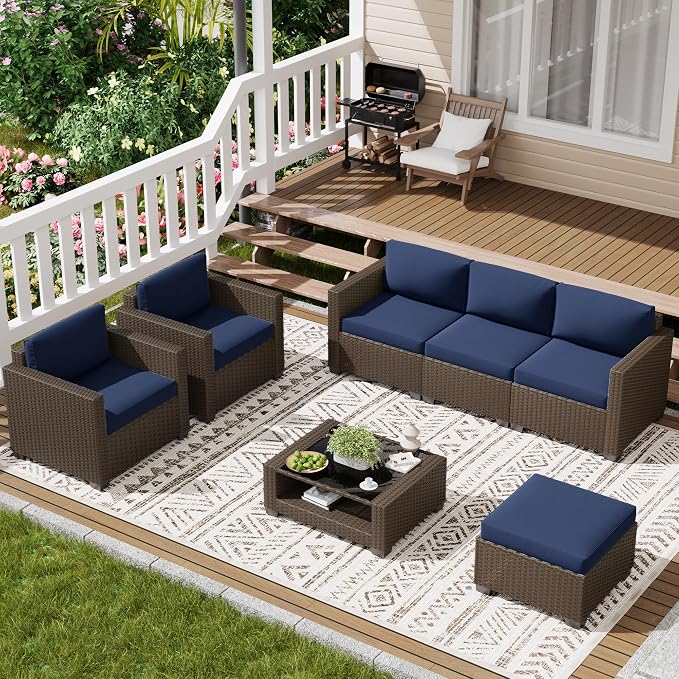 LOUVIXA 7 Piece Outdoor Patio Furniture Set, Rattan Chairs Glass Table Wicker - Image 8