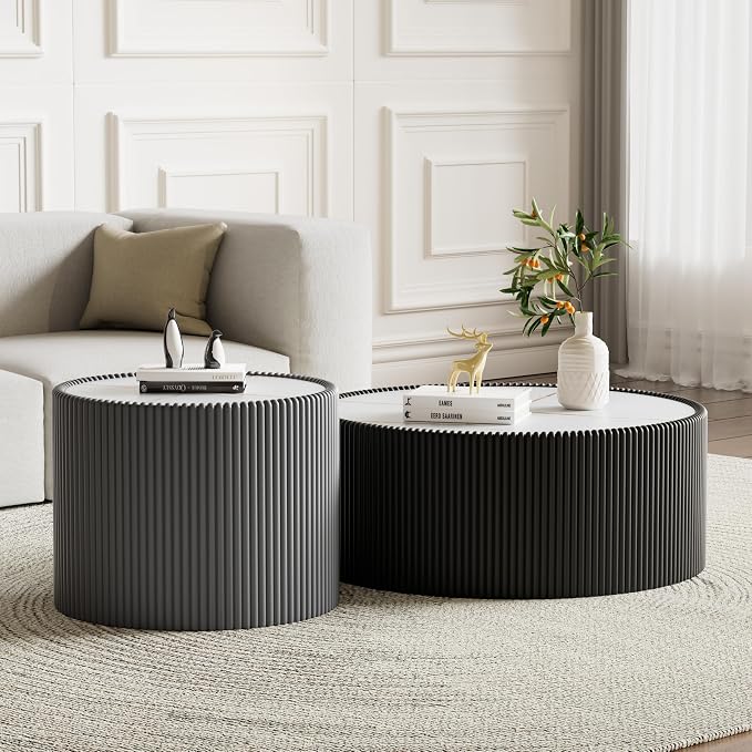 SSLine Round Drum Coffee Table Set of 2 Modern Sintered Stone Top Nesting by SSLine