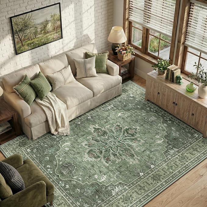 RELEANY Area Rugs 7'x9' Washable Non-Slip, Floral Vintage Distress Print by RELEANY