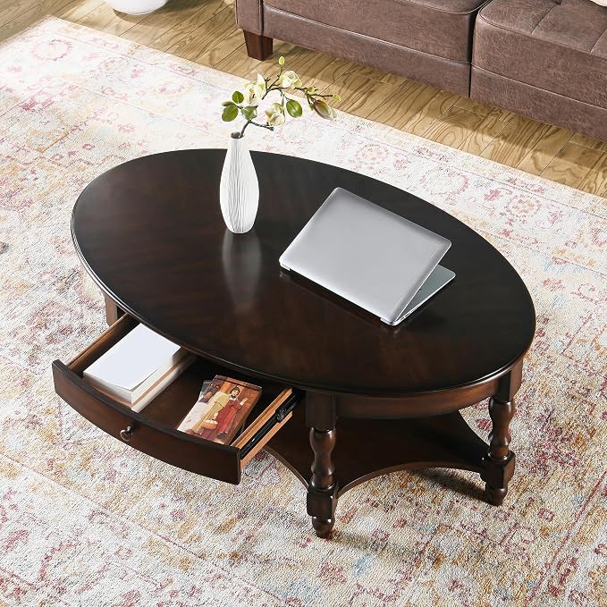 LEEMTORIG Oval Coffee Table for Living Room, 2-Tier Solid Wood Table - Image 4