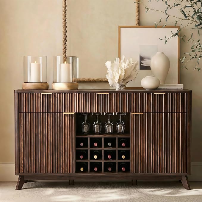 OKD Fluted Wine Bar Cabinet, 3 Drawers, 4 Glass Holders & 12 Wine Racks - Image 8