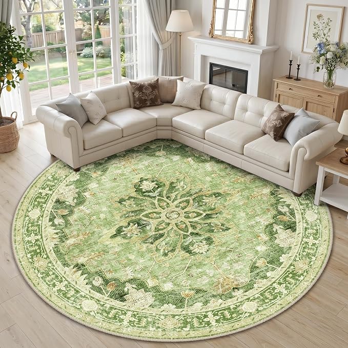 RELEANY Area Rugs Round 10ft Washable Non-Slip, Floral Vintage Distress Print by RELEANY