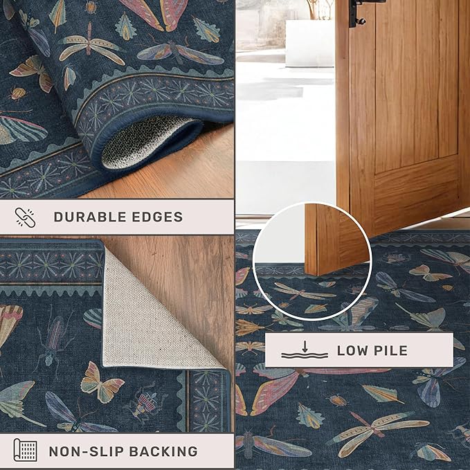 Dark Blue 2x3 Small Rugs for Bathroom Non Slip, Washable Vintage Boho Insect - Image 5