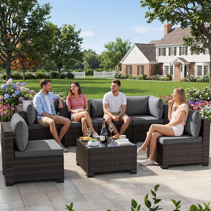 CHABATREE 7pcs Outdoor Patio Furniture Sets, Rattan Conversation Sectional Set - Image 7