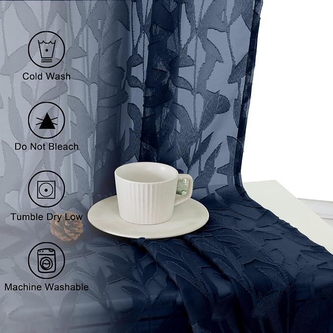 Lecloud Leia Navy Blue Sheer Curtains 72 Inches Long 2 Panels, Jacquard Leaf - Image 8