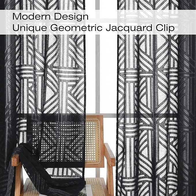 Simplebrand Black Semi Sheer Curtains 54 Inch Length 2 Panels, Geometric - Image 3