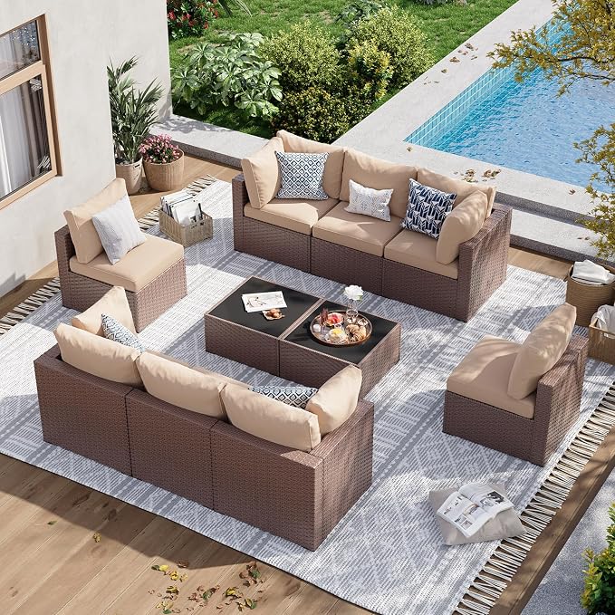 Aoxun 10 Piece Patio Furniture Set Wicker Rattan Patio Sectional Sofa Set by Aoxun