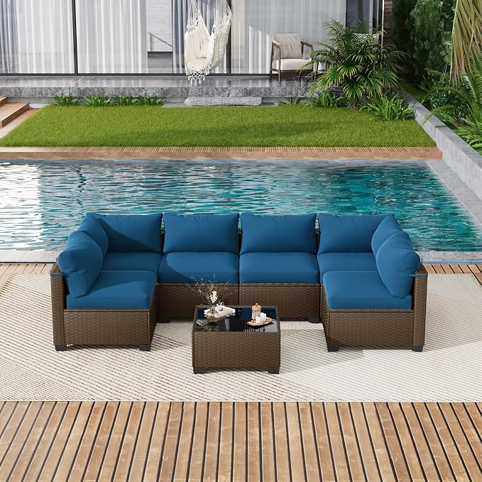 LOUVIXA 7 Piece Outdoor Patio Furniture Set, Outdoor Sectional Sofa, Wicker - Image 8