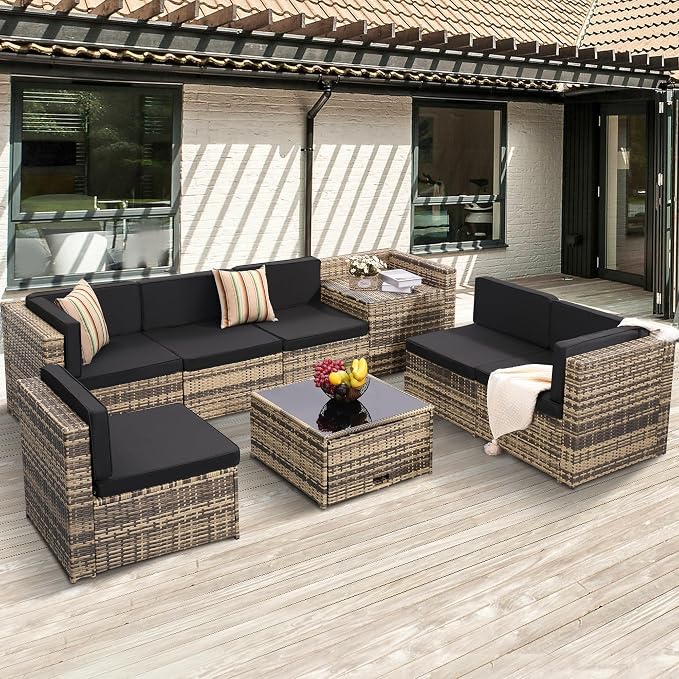 KROFEM 8-Piece Patio Furniture Set, Outdoor Wicker Rattan Sectional by KROFEM