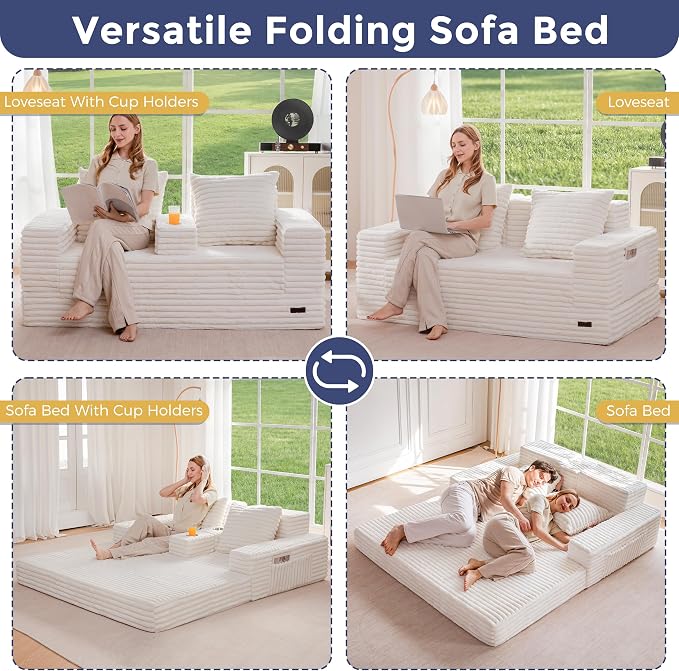 MAXYOYO Loveseat Sofa Bed, Striped Faux Fur Foldable Floor Sofa Couch in A Box - Image 4