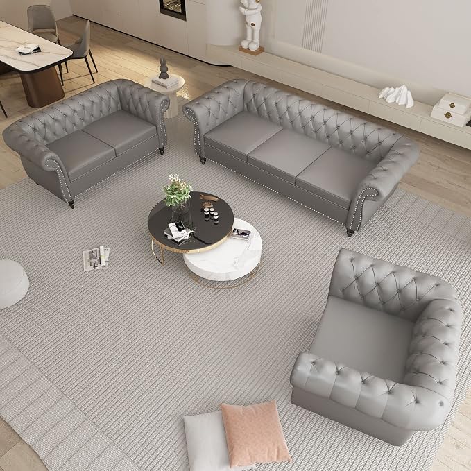 ORRD 2 Piece Living Room Set, Chesterfield Leather Sofa Loveseat Couch Chair - Image 9