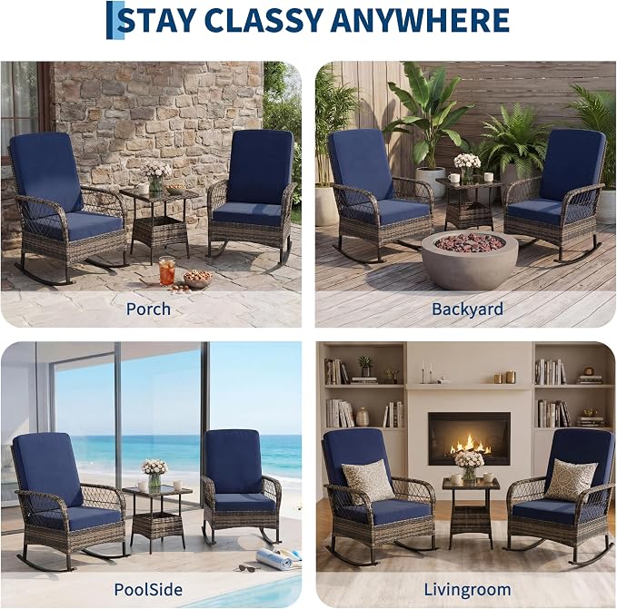 GarveeHome 3-Piece Outdoor Rocking Chair Set, Wicker Rattan Patio Furniture - Image 8