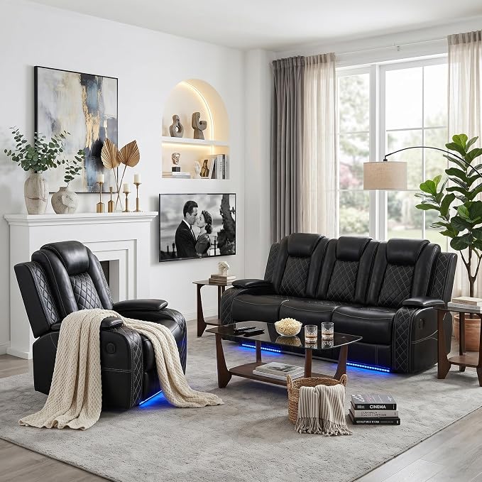 Power Recliner Sofa Set with LED Lights, Includes a Manual Recliner 1 Seat and by Unknown