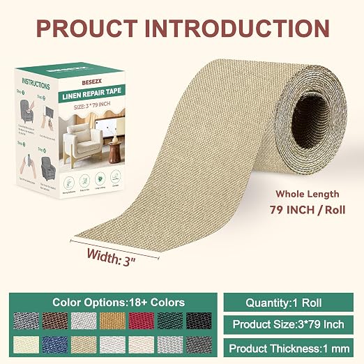 BESEZX Linen Fabric Repair Tape, 3x79 Inch Self Adhesive Repair Patches - Image 2