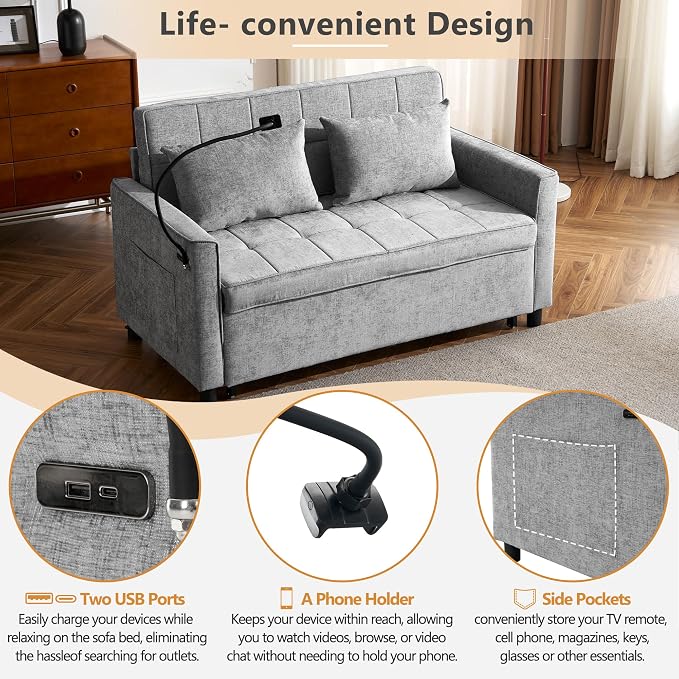 3 in 1 Convertible Sleeper Sofa Bed, 56.9" Small Pull Out Couch Bed - Image 7