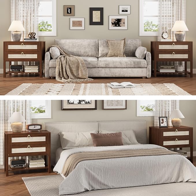 Xixini Nightstand Set of 2, Rattan Boho Bedside Table - Image 3