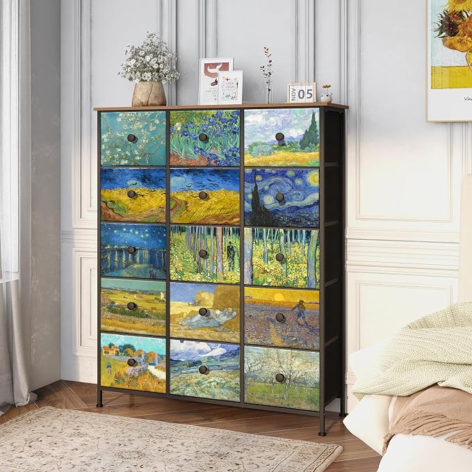 EXOTICA Large Chest of Drawers 15 Drawer Dresser Van Gogh Tall Fabric Dresser by EXOTICA