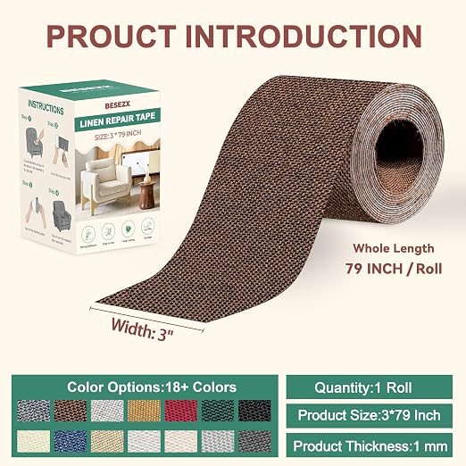 BESEZX Linen Fabric Repair Tape, 3x79 Inch Self Adhesive Repair Patches - Image 2