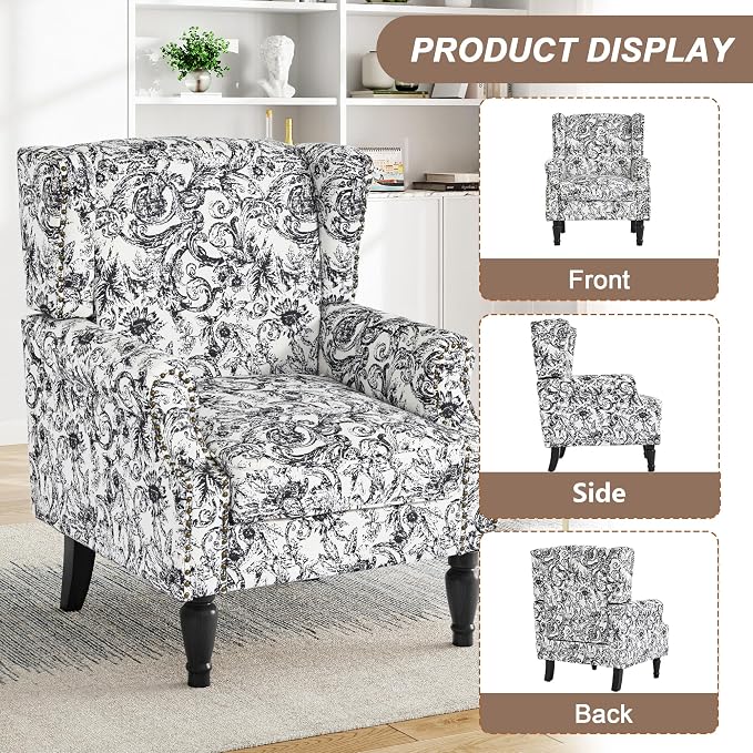 Pia Ricco Set of 2 Floral Accent Chairs, High Back Upholstered Armchairs - Image 3