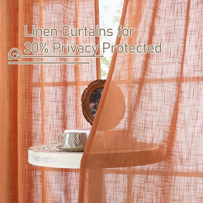 LAMIT Burnt Orange Sheer Linen Curtains, 84 inch Light Filtering Semi Sheer - Image 5