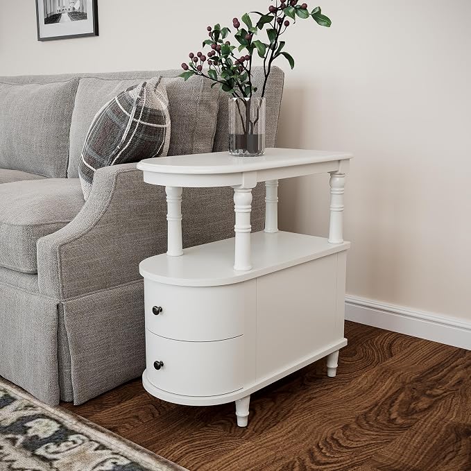 Narrow End Side Table with 2 Storage Drawers Set of 2, Retro Vintage Slim Sofa - Image 7