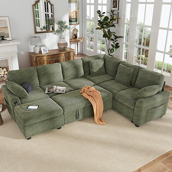 Hanherry Sectional Couch with Pull Out Sofa Bed, Corduroy Sleeper Sofa with by Hanherry