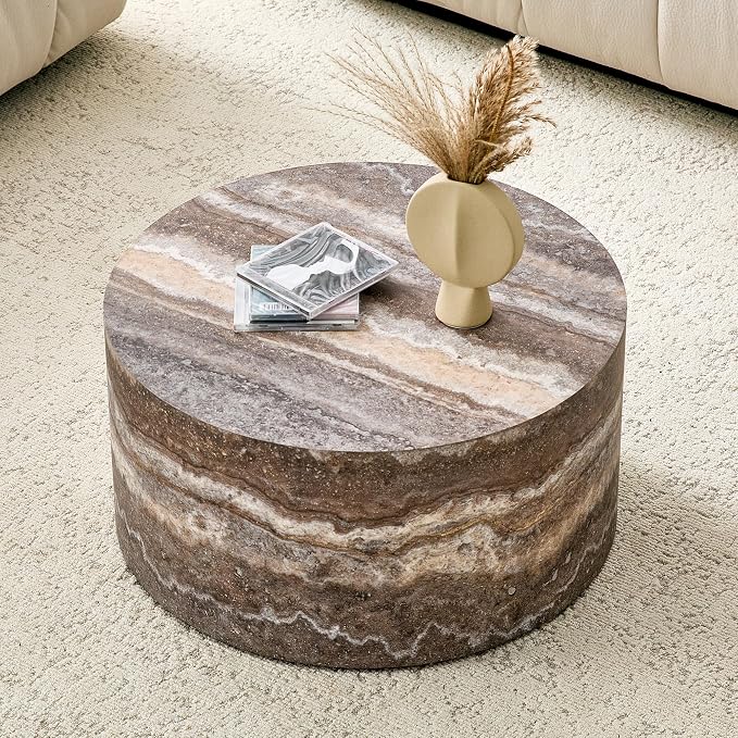 Round Coffee Table, 23.6" Modern Grey Faux Marble Drum Coffee Table, Round - Image 7