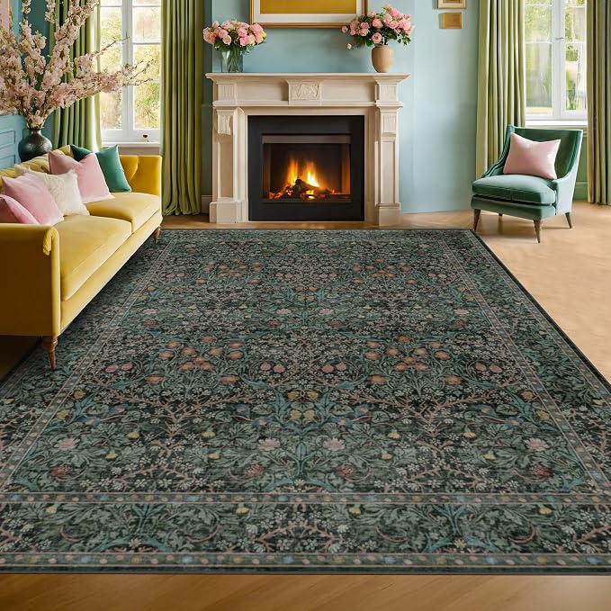 Vintage Dark Green Living Room Rug, 7x10 Washable Area Rugs - Image 8