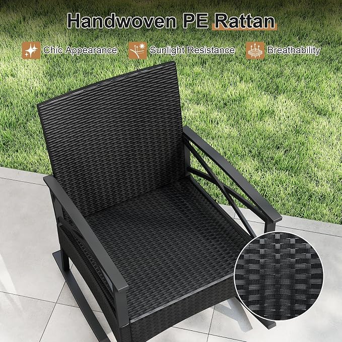 Tangkula 3 Pieces Outdoor Rocking Chairs Set, Rattan Heavy Duty Cushioned - Image 7