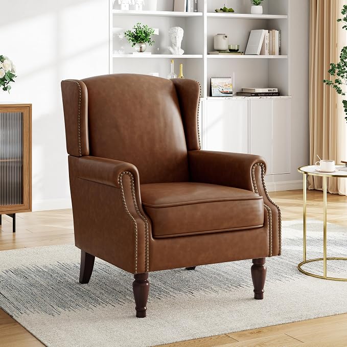 Pia Ricco Set of 2 Faux Leather Accent Chairs, High Back Wingback Armchairs - Image 5
