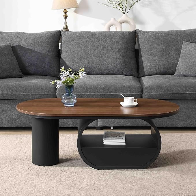 Modern Oval Coffee Table, 47.24" Brown Wood Top Coffee Table by Henf
