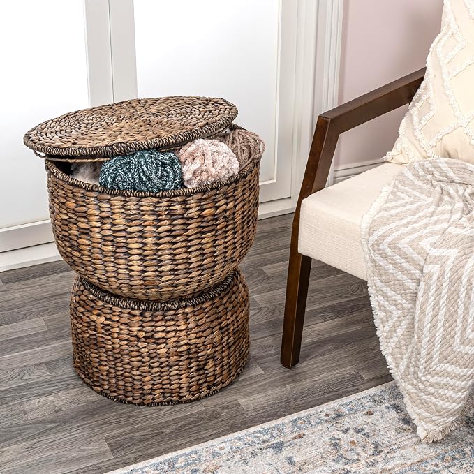 happimess SAT1000B Bhola 18" Hourglass Handwoven Hyacinth Storage Accent Table - Image 7