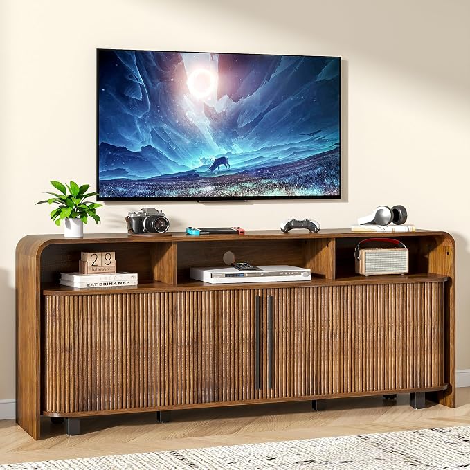 Walnut TV Stand for 65 70 75 Inch TV, Fluted Mid Century Modern TV Console by Woemtoric