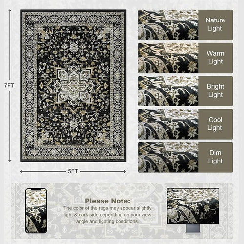 5x7 Area Rugs Living Room Rug: Washable Vintage Boho Medallion Rug No Slip - Image 2